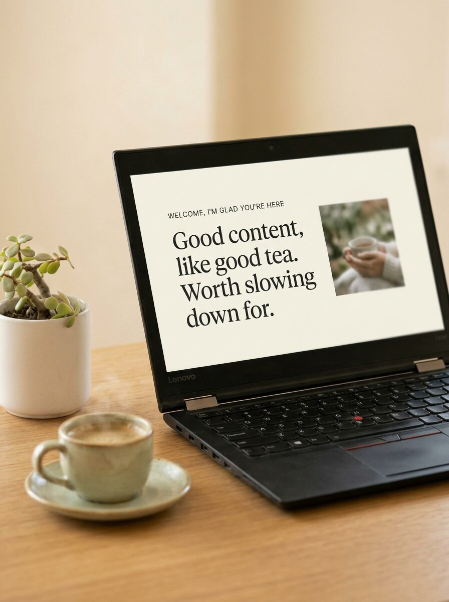 Calm workspace with laptop, jade plant and coffee cup in soft natural light